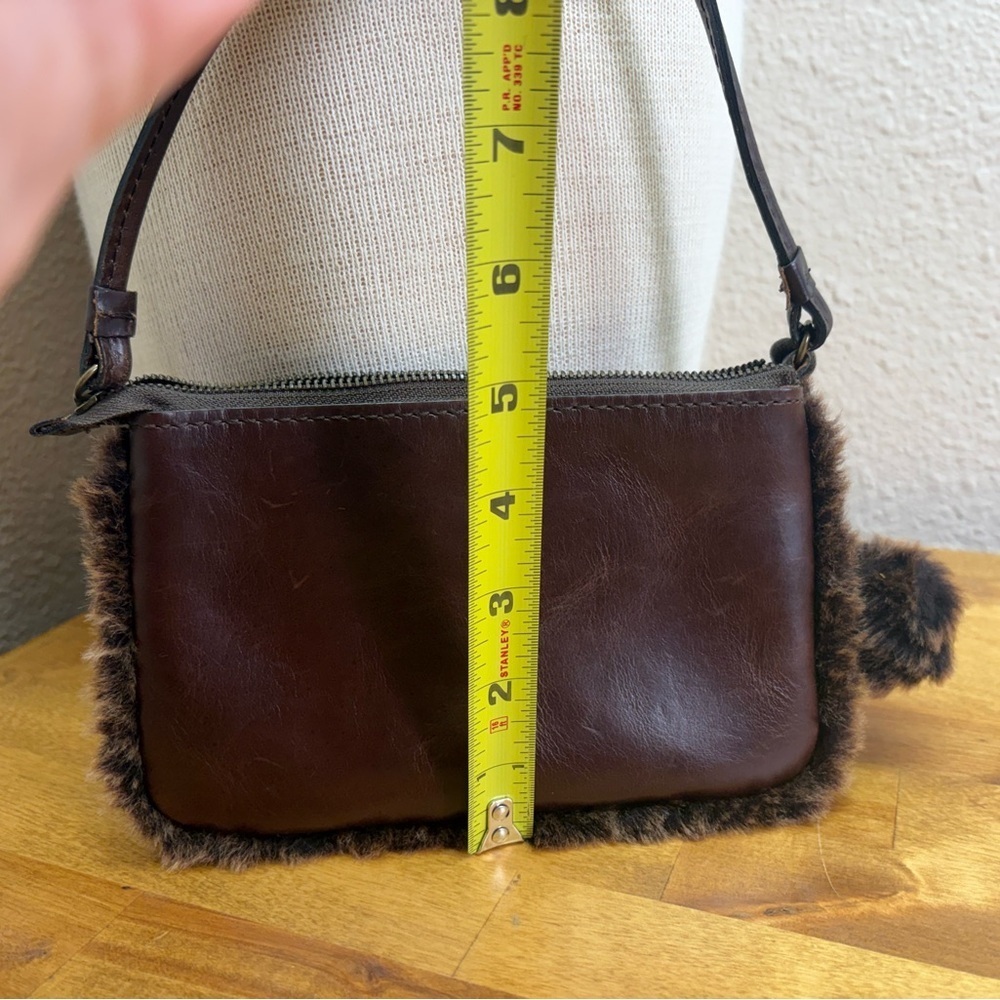 Patricia Nash Brown Leather Faux Fur Trim Mini Bag Pouch Pom Pom - Picture 7 of 7